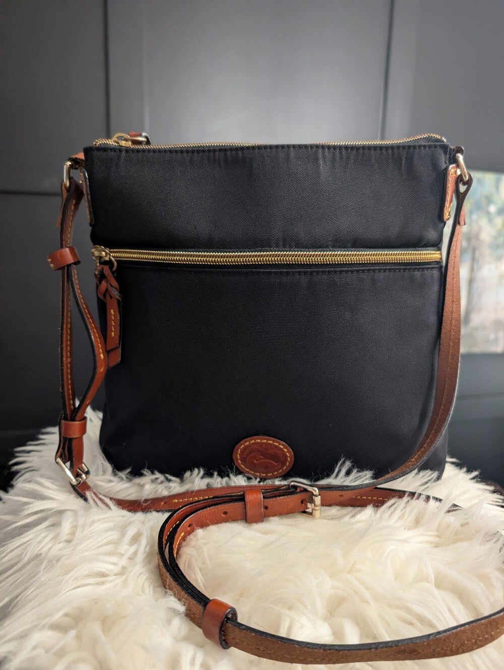 Dooney & Bourke Black Nylon Crossbody with Brown Leather Trim and Gold Hardware